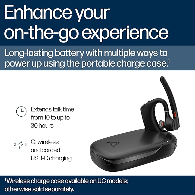 POLY Voyager Legend 50 UC Bluetooth Headset with Charging Case - 4 Noise-Canceling Mics, AI NoiseBlockAI & WindSmart Tech - Bluetooth Headphones with Mic, Smart Call Controls, All-Day Comfort