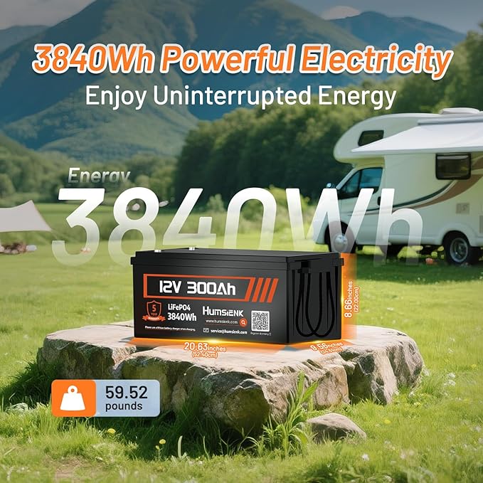 12V 300Ah LiFePO4 Lithium Battery with Bluetooth APP Monitoring, Max. 3840Wh, 15000+ Deep Cycles, 100A BMS, Low-Temp Cutoff – for RV, Solar, Marine, Off-Grid, Home Energy Storage