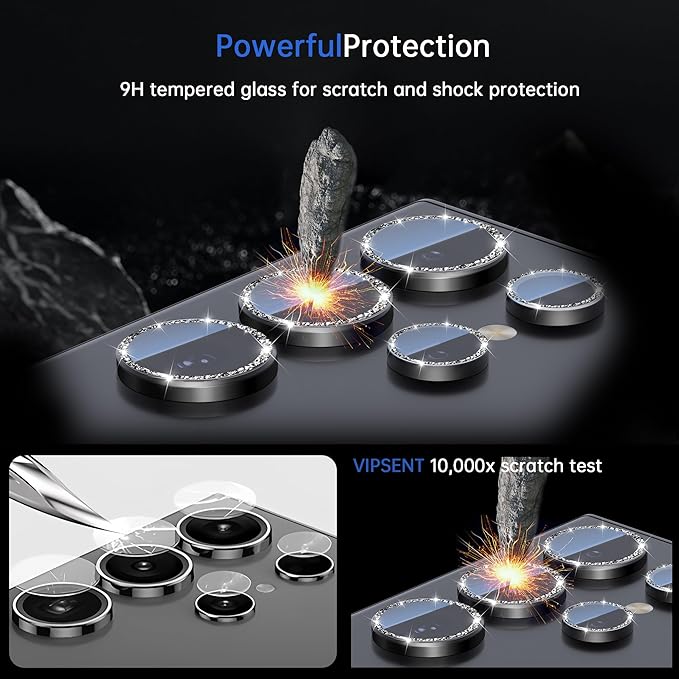 For Samsung Galaxy S24 Ultra Camera Lens Protector, Individual Lens Protector, Ultra HD 9H Tempered Glass Screen Protective Cover, Anti-scratch, Military Grade Drop Protection 2 Set. (Glitter Black, S24 Ultra)