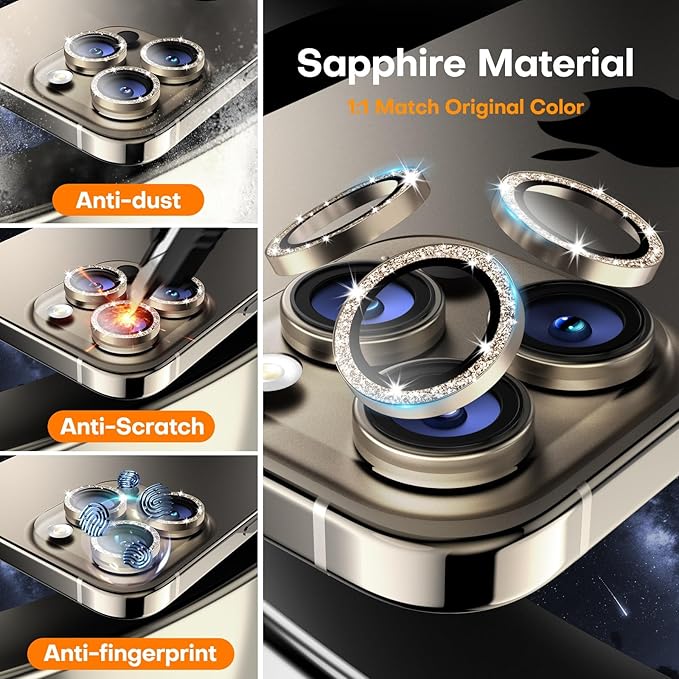 Camera Lens Protector for iPhone 16 Pro Max/16 Pro/15 Pro Max/15 Pro/14 Pro Max/14 Pro, Sapphire Glass Metal Individual Camera Cover Screen, Anti-drop, Case Friendly- Glitter Natural Titanium