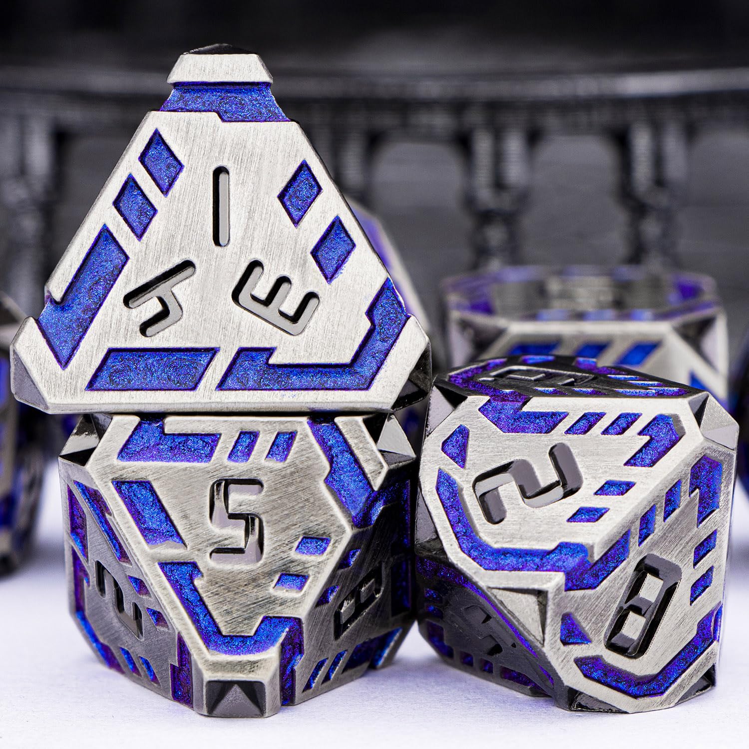 OGCOPHEN Metal DND Sci-fi Dice Set 7PCS Stripe Polyhedral Dice for Dungeons Dragons RPG Role Playing Game, Glitter D and D Dice with Gift Box D6 D8 D10 D12 D20 (Blue Purple&Grey)