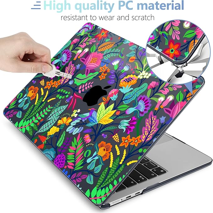 MEEgoodo for M4/M3/M2 MacBook Air 15.3 inch Case 2025 2024 2023, Case Fit Model (A3241/A3114/A2941) for MacBook Air 15 inch, Laptop Hard Shell with Keyboard Cover, Bright Flowers & Tropic Leaves