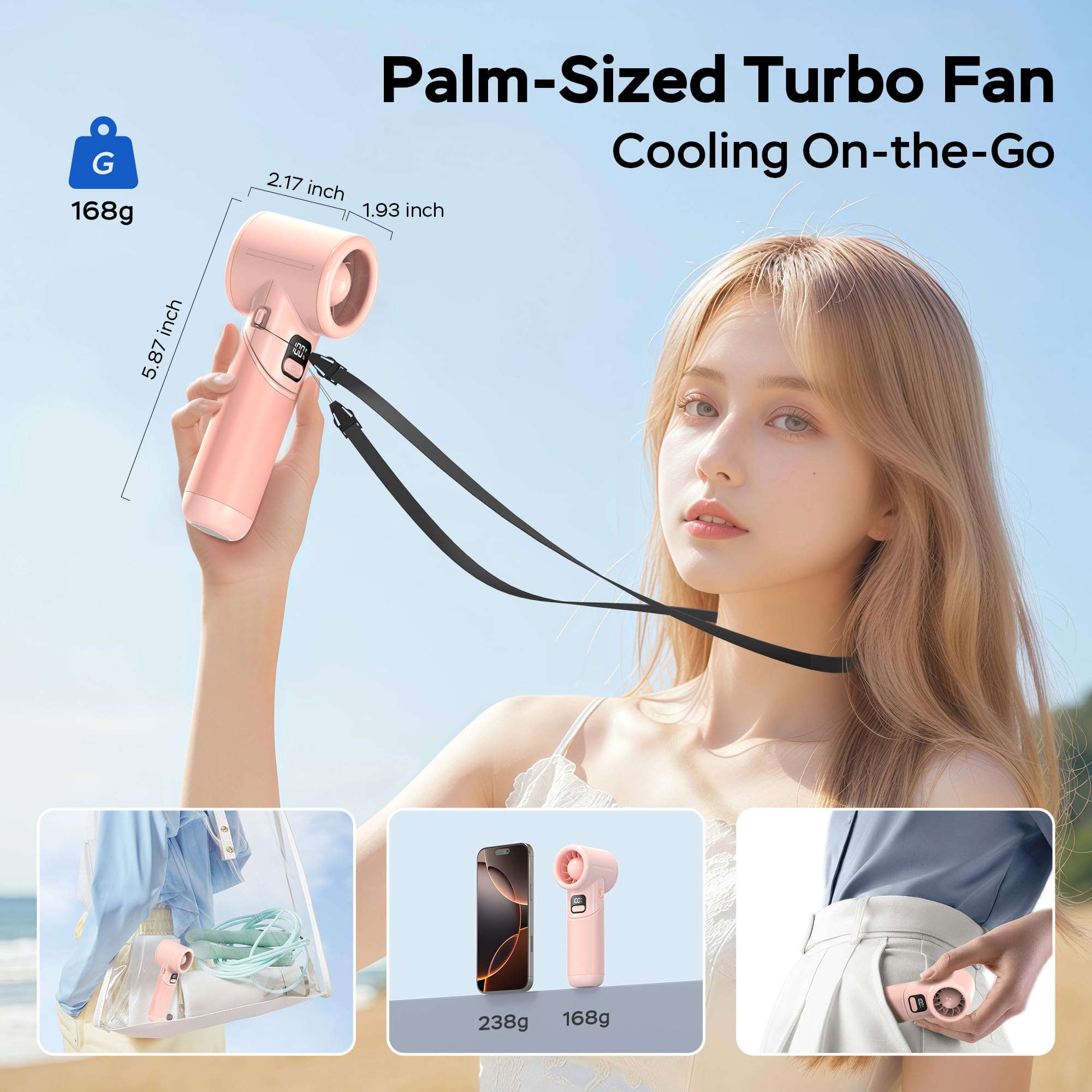Portable Handheld Turbo Fan丨5 Speed Foldable Hand Fans丨Max 20 Hours Runtime丨Rechargeable Mini Pocket Cooling Fan for Travel, Outdoor Activities, Gifts for Women