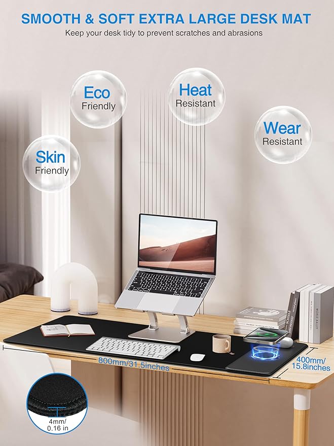 TopMade Mouse Pad with 15W Wireless Charging, Waterproof Gaming Mousepad with Ultra-Smooth Surface, Non-Slip Base, 31.5"x15.75" XXL Large Desk Pad (Includes 20W PD Power Adapter & 6.56ft Woven Cable)