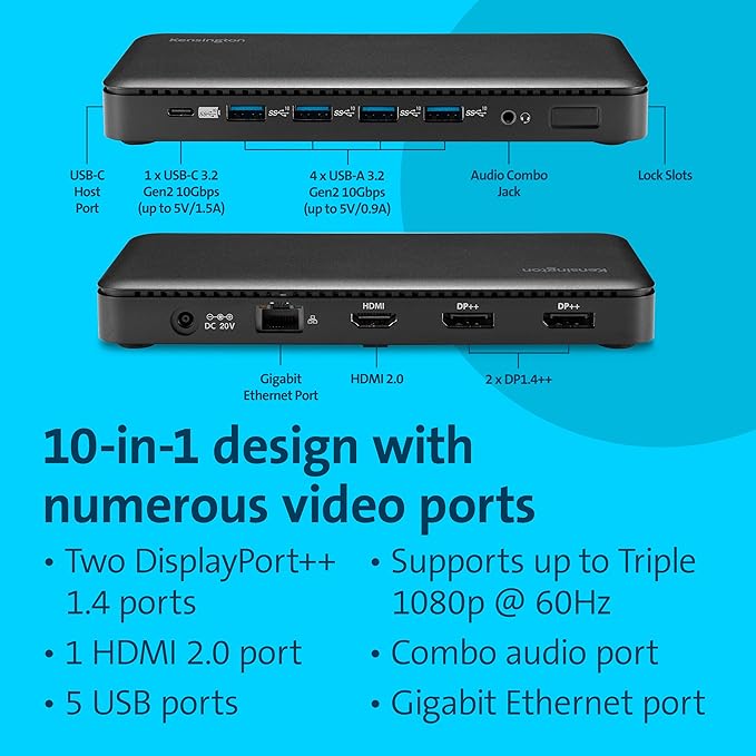 Kensington Triple Display USB-C Docking Station with 100W PD for Dell, HP, Lenovo, Acer, ASUS, Razer, Surface (Black)