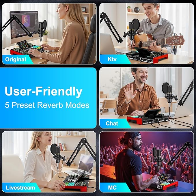 Podcast Equipment Bundle with 3.5mm Condenser Microphone for Pc/Phone Live Streaming Singing Gaming, Podcast Microphone Bundle with Live Sound Card Audio Mixer,Voice Changer, Denoise,DJ Sets