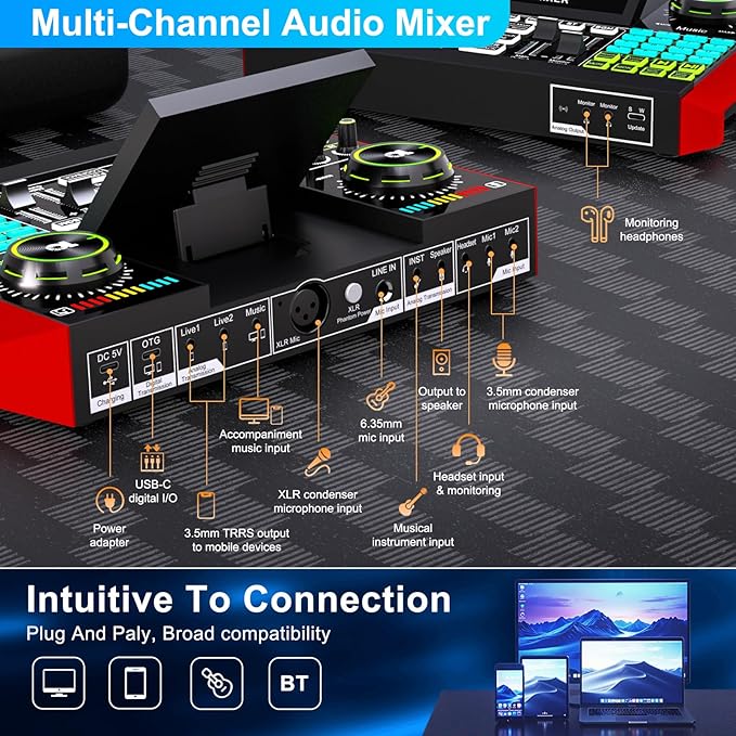 Podcast Equipment Bundle with 3.5mm Condenser Microphone for Pc/Phone Live Streaming Singing Gaming, Podcast Microphone Bundle with Live Sound Board Audio Mixer,Voice Changer, Denoise,DJ Sets