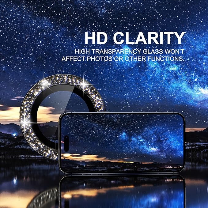 Choiche Compatible for iPhone 15 Pro/iPhone 15 Pro Max Camera Lens Protector Bling, 9H Tempered Glass Camera Cover Screen Protector Metal Ring Decoration Accessories (Glitter-Black)