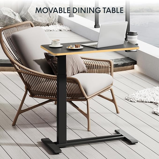 FLEXISPOT Mobile Standing Desk with Wheels Pneumatic Laptop Desk Rolling Computer Cart Movable Height Adjustable Small Sit Stand Desk Computer Workstations Home Use（31.5" W x 17.7" D, Black+Maple