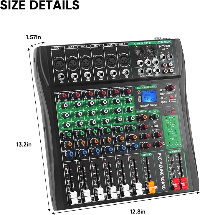 6 Channel Audio Mixer, Professional DJ Mixer Board Sound Music Mixing Console Digital Mixer with Reverb, Bluetooth, USB Port, 48V Phantom Power for Recording Karaoke Podcasting