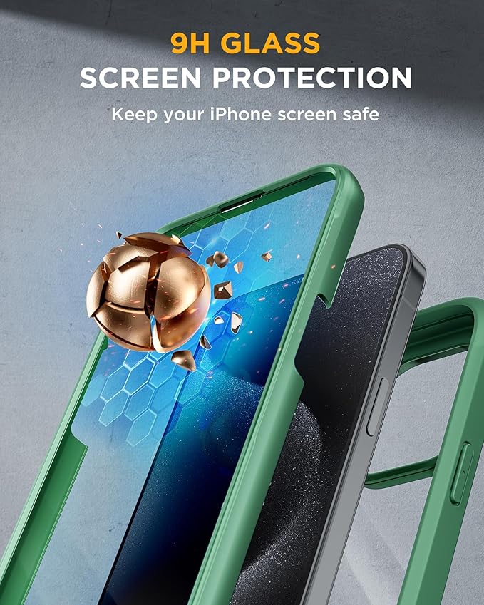 Miracase for iPhone 15 Pro Max Case 6.7'' Full-Body Phone case with Built-in Glass Screen Protector& Camera Protector,Drop Proof 15 Pro Max Cover,Green