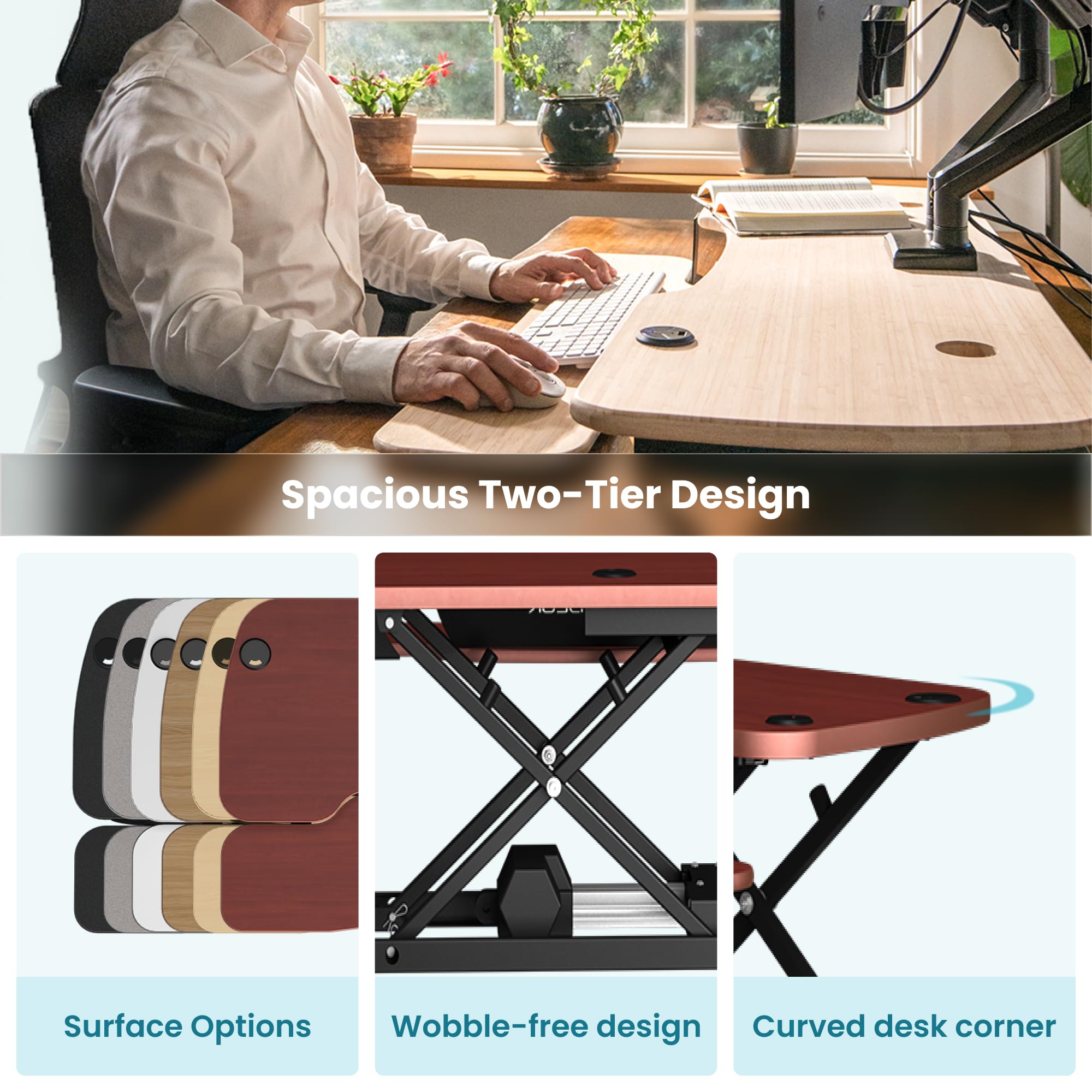 PowerPro 40 Inch Electric Standing Desk Converter – Push-Button Height Adjustable Sit to Stand Desk Riser for Triple Monitors & Laptop – Motorized Desktop Workstation with Wide Keyboard Tray