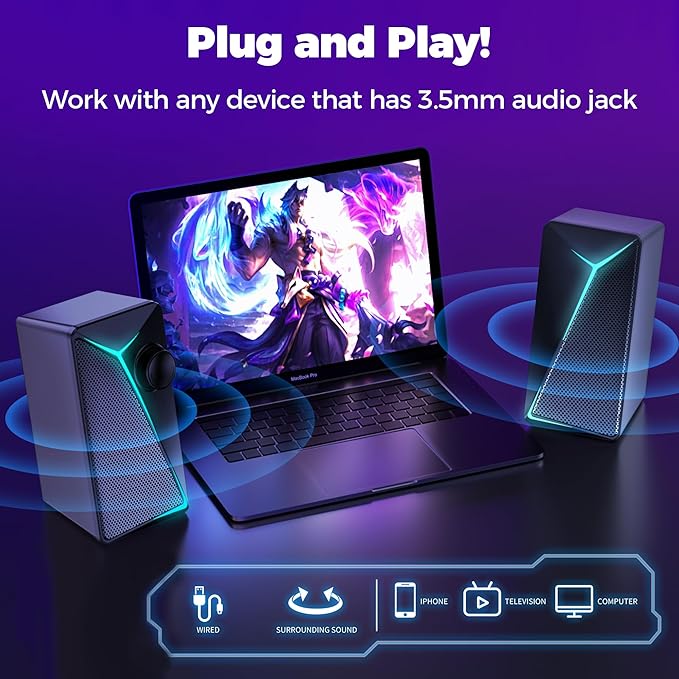 ROSON Computer Speakers, Gaming PC Speakers with Enhanced Bass and Volume Control, Stereo 2.0 USB Powered 3.5mm Aux Multimedia Speakers for Laptop/Desktop/Tablets/Phone