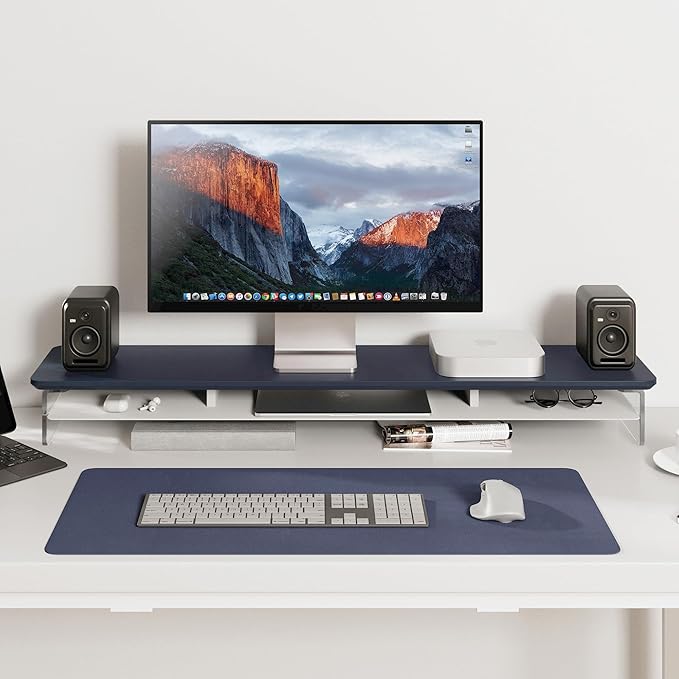 Fenge Acrylic Monitor Stand Riser, 42.5 Inches Dual Monitor Stand with Metal Storage, 2 Tier Acrylic Computer Riser for Desk, Clear Laptop Stand for PC, Laptop, Printer, TV, Blue