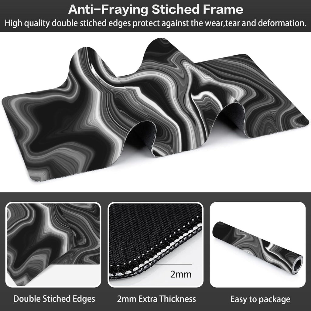 Black and White Marble Desk Mat,Large Marble Ink Texture Gaming Keyboard Mouse Pad,Non-Slip Rubber Base Desk Pad Thick Stitched Edges Waterproof Mousepad Mouse Mat 31.5"x11.8"