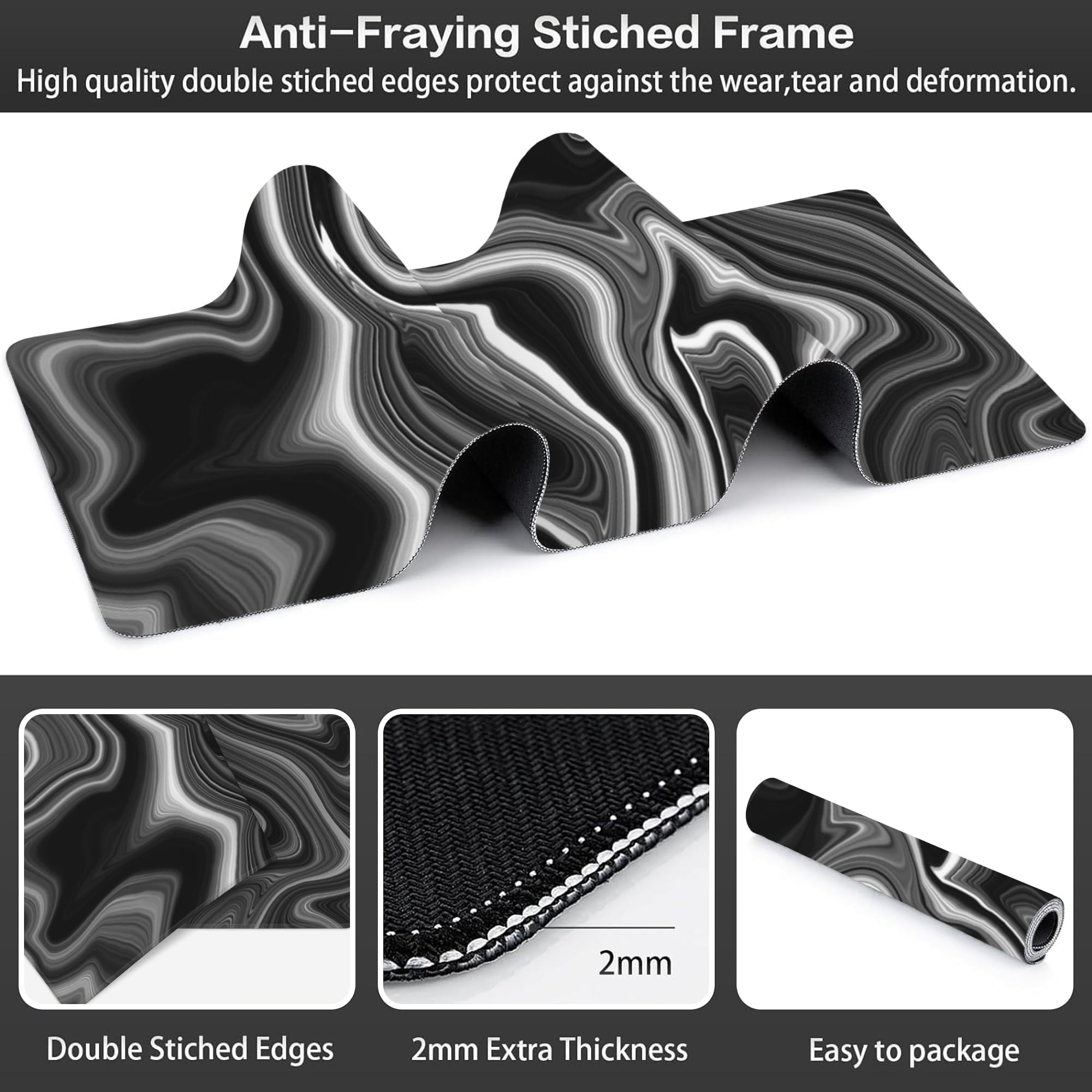 Black and White Marble Desk Mat,Large Marble Ink Texture Gaming Keyboard Mouse Pad,Non-Slip Rubber Base Desk Pad Thick Stitched Edges Waterproof Mousepad Mouse Mat 31.5"x11.8"