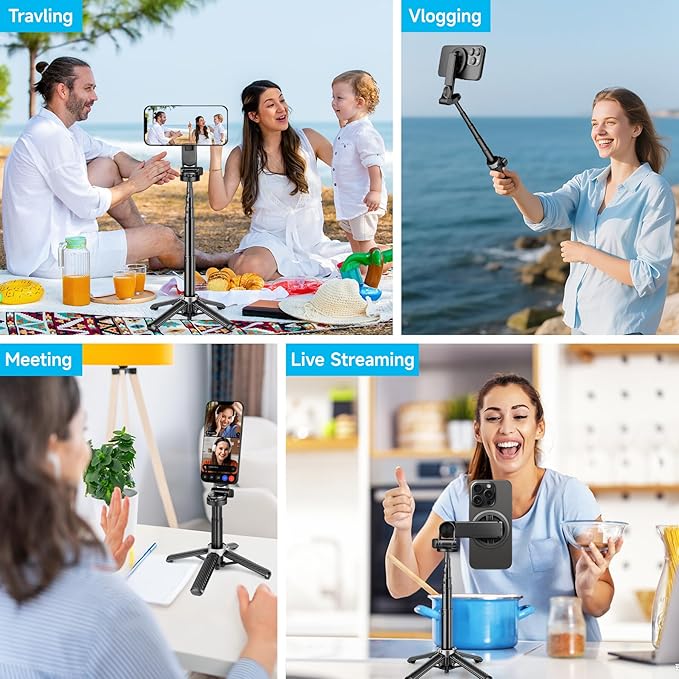 Magnetic Tripod for Phone with Remote Control, 3-in-1 Selfie Stick Handle Grip 360°Rotation Extendable Stand for iPhone Android Phones
