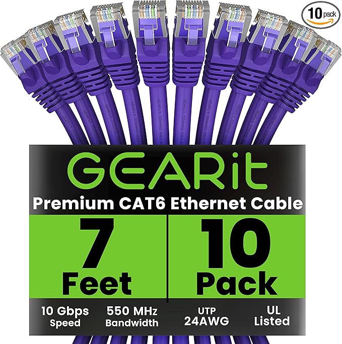 GearIT Cat 6 Ethernet Cable (10-Pack 7 Feet) Cat6 Network Patch, 10Gbps, RJ45, Snagless Cord, Gold-Plated Connectors, Internet for PC, TV, Tablet, Router, Printer, Servers, IT Data Center - Purple