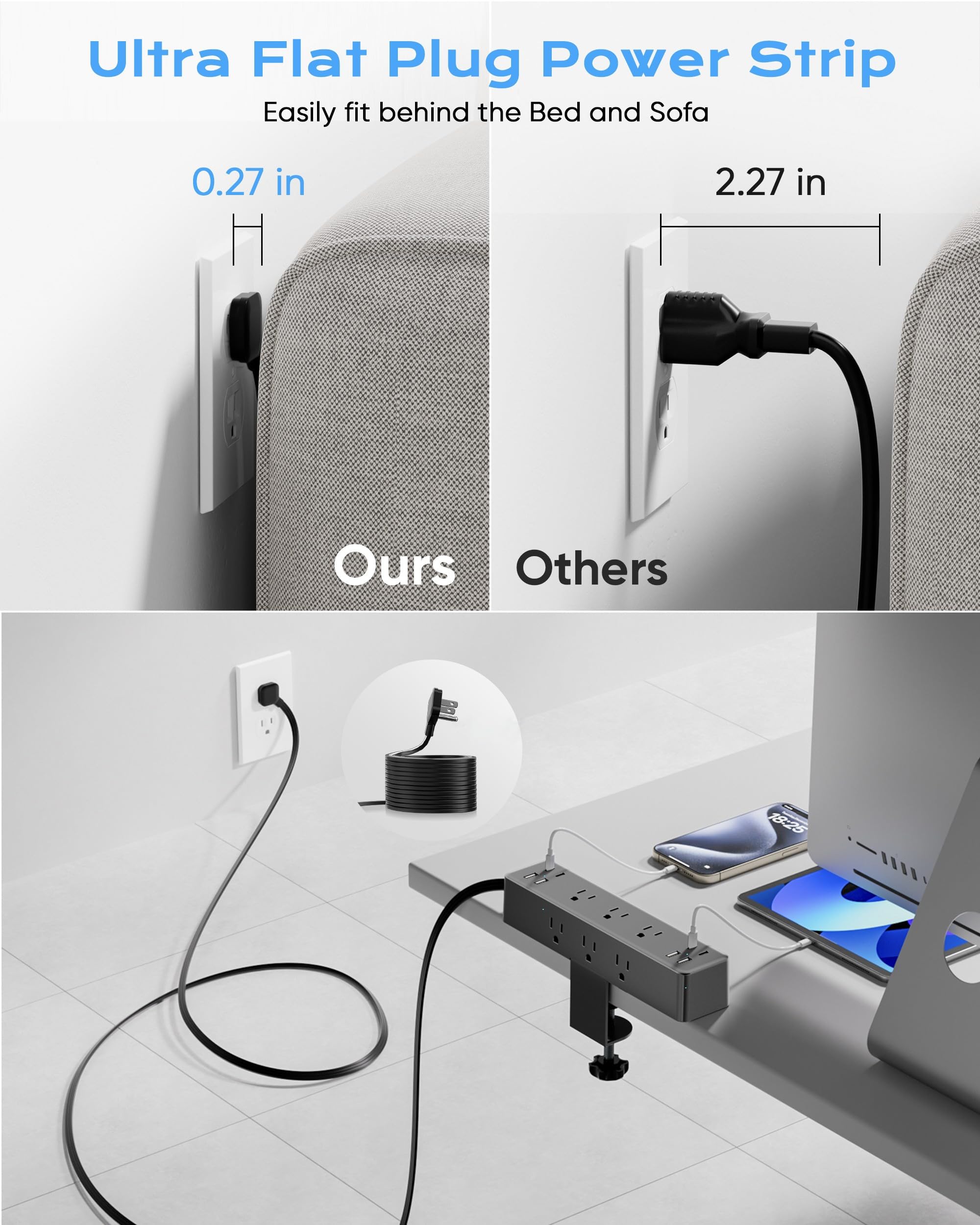 Acozvin Desk Clamp Power Strip 15FT, 40W Total Fast Charging Station