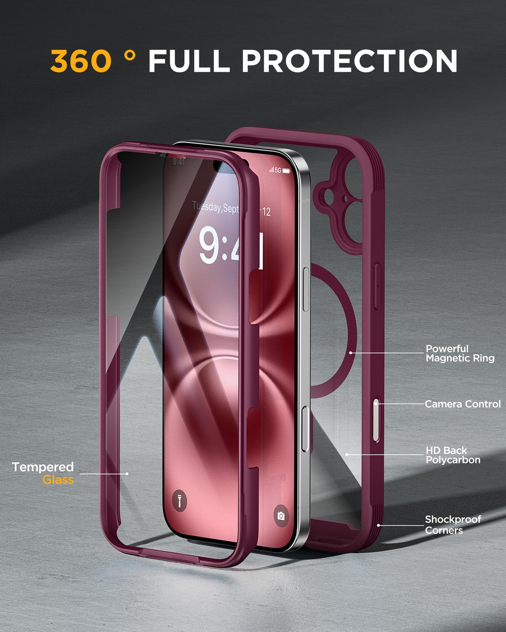 Miracase Magnetic for iPhone 16 Plus Case Full-Body Phone with Built-in Glass Screen Protector, [Compatible with MagSafe] Military Drop Proof 16 Plus Cover 6.7 inch, Plum