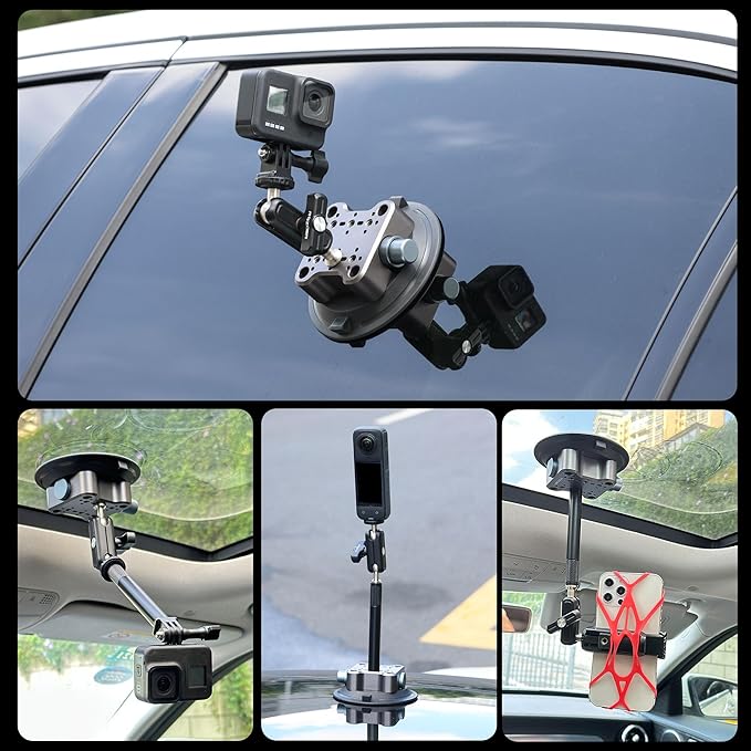 4.5" Suction Cup Camera Mount with 4.72" Extension Rod, Universal Car Mount for Cameras, Phones, Cameras with 3.84" Magic Arm