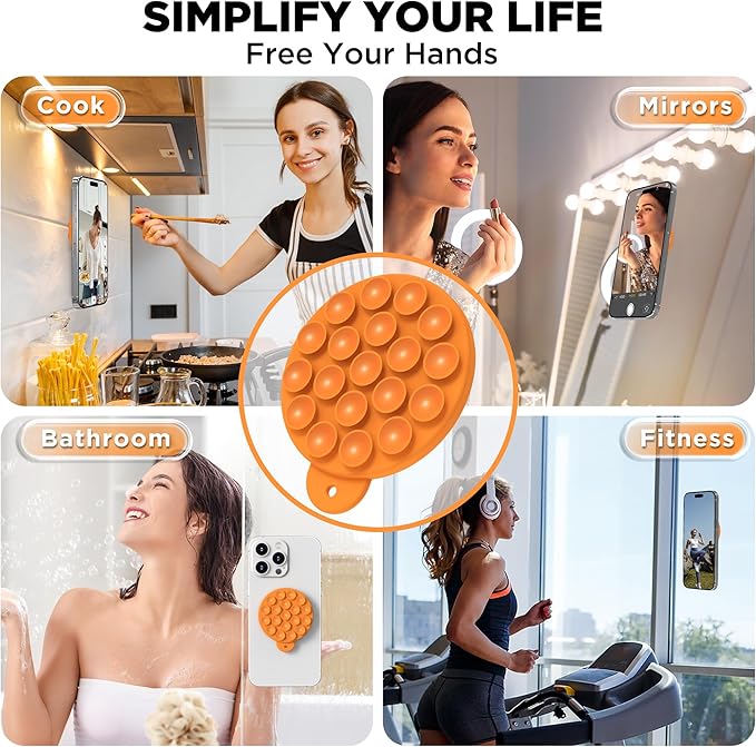 Magnetic Suction Cup Phone Mount for MagSafe Case, Silicone Hands-Free Grip Holder for iPhone and Android, Mirror Shower Phone Stand for Makeup FaceTime Gym Kitchen Bathroom, Orange