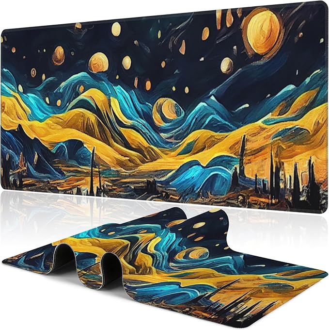 The Starry Night Desk Mat,Large Vincent Van Gogh Oil Painting Gaming Keyboard Mouse Pad,Non-Slip Rubber Base Desk Pad Thick Stitched Edges Waterproof Mousepad Mouse Mat 31.5"x11.8"