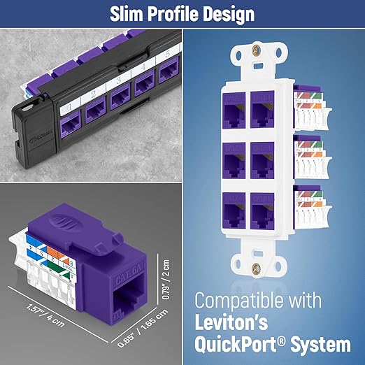 Everest 45° Angled RJ45 Cat6A Keystone Jacks 50-Pack in Purple - Slim Profile Female RJ45 Connectors - Cat 6A Keystone Jack - Compatible with 45° Angled Speed Termination Tool - 45Term (B0BL3GS7ZY)