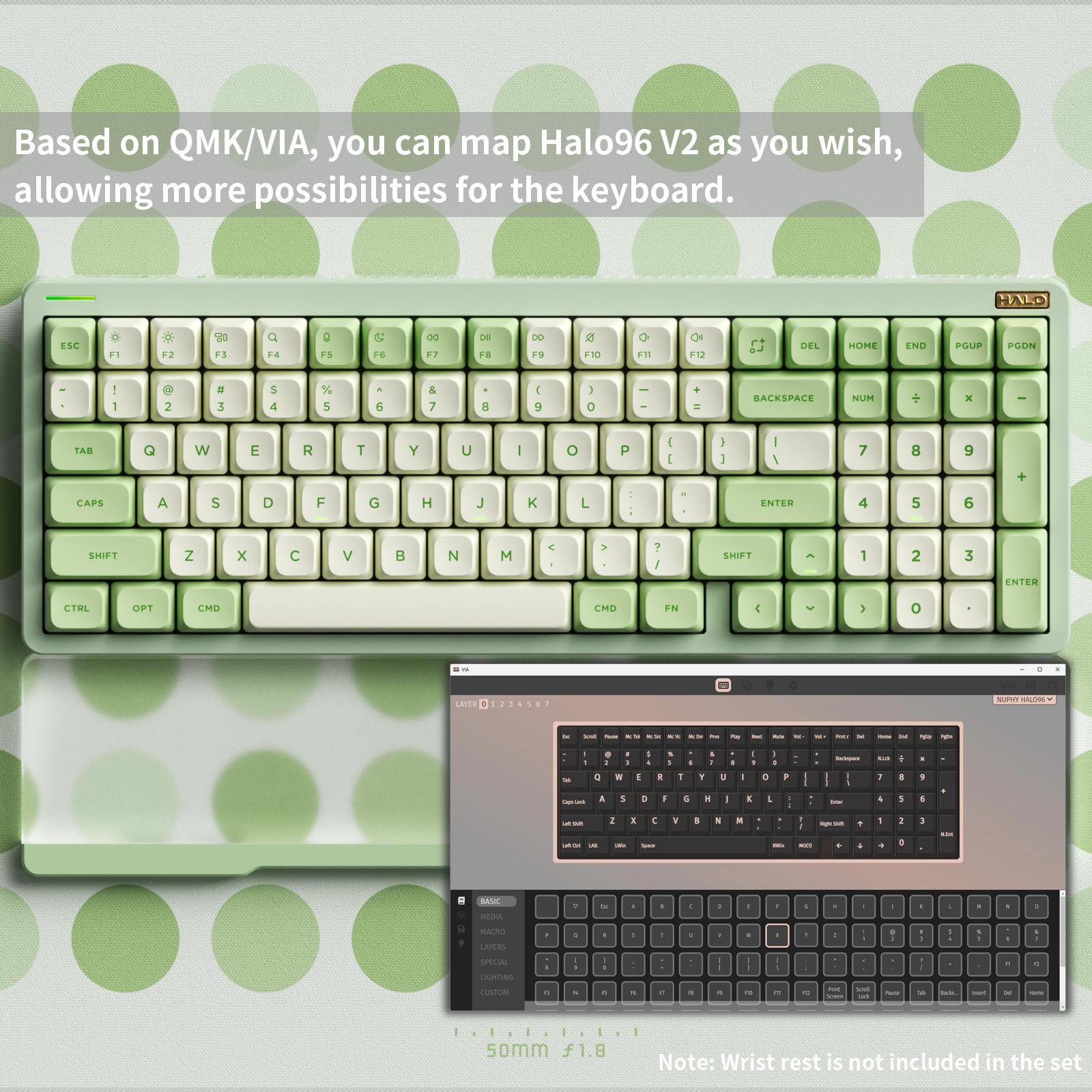 nuphy Halo96 V2 Wireless Keyboard,Gasket Structure,96% Hot Swappable Gaming Keyboard, 99 Kyes RGB Backlit Mechanical Keyboard, Support QMK/VIA,Bluetooth/USB-C/2.4GHz-Green,Lemon Switches (55gf)