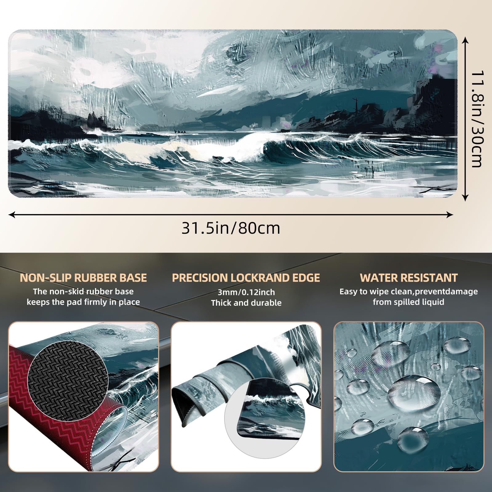 Galdas Gaming Mouse Pad XXL XL Large Long Extended Big Mousepad Non-Slip Rubber Keyboard Mouse Pad with Stitched Edges for Laptop Home Office (31.5x11.8x0.08 Inch) … (Ink Painting)