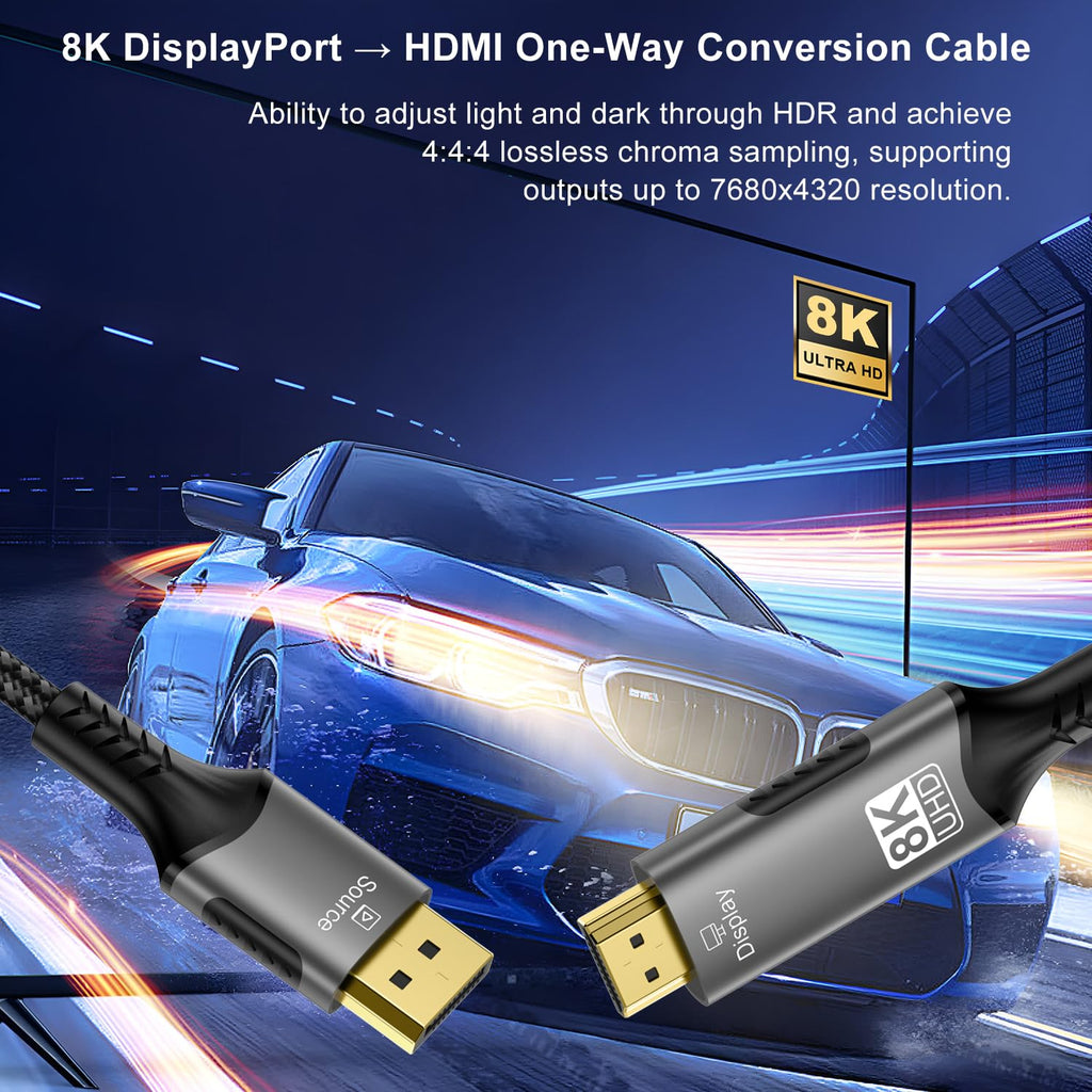 FDBRO 8K DisplayPort to HDMI Cable Uni-Directional Braided Cord-3M (10FT)