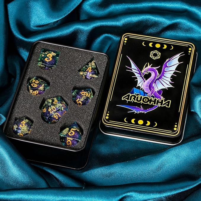ARUOHHA Liquid Core DND Dice Set, 7pcs Resin Sharp Edged Dragons Dice RPG Role Playing Games, Purple Blue Polyhedral Dungeons D and D Dice with Gift Box D20 D12 D10 D8 D6 D4