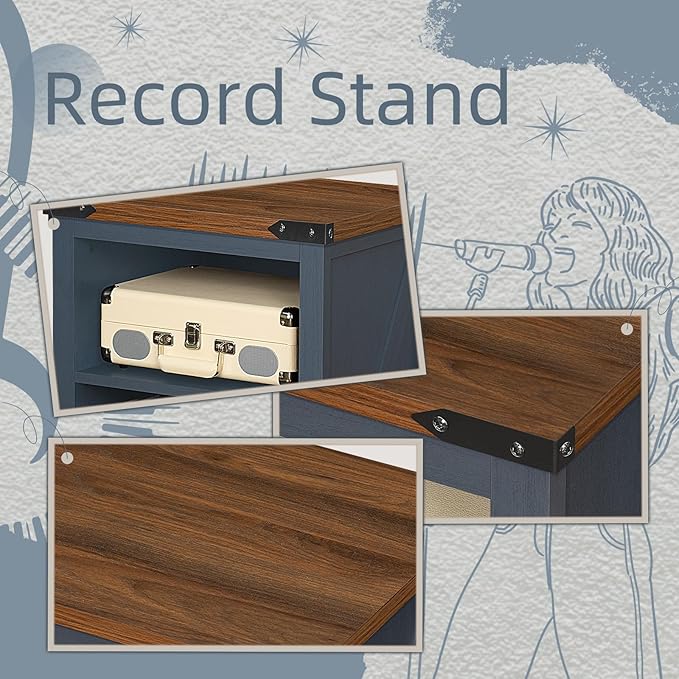 Record Player Stand with Vinyl Record Storage Holds up to 160 Albums,Large Wood Record Player Table，Blue Turntable Stand Cabinet Dispaly Shelf for Living Room,Bedroom,Office