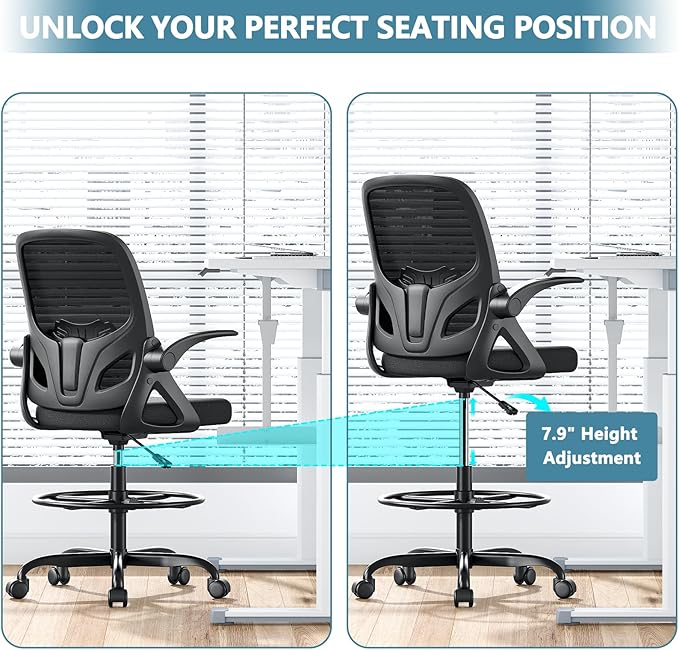 Tall Drafting Chair with Footrest Ring for Home and Work, Ergonomic Home Desk Office Chair with Flip up Arms and Lumbar Support, Extended Height Executive Desk Office(Black)