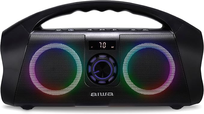 AIWA Portable Boombox - Waterproof Bluetooth Speaker, Rechargeable Wireless Boombox with Multi Color LED Lighting and Digital Display, AUX Input and Carry Handle, 15 Hour Playtime