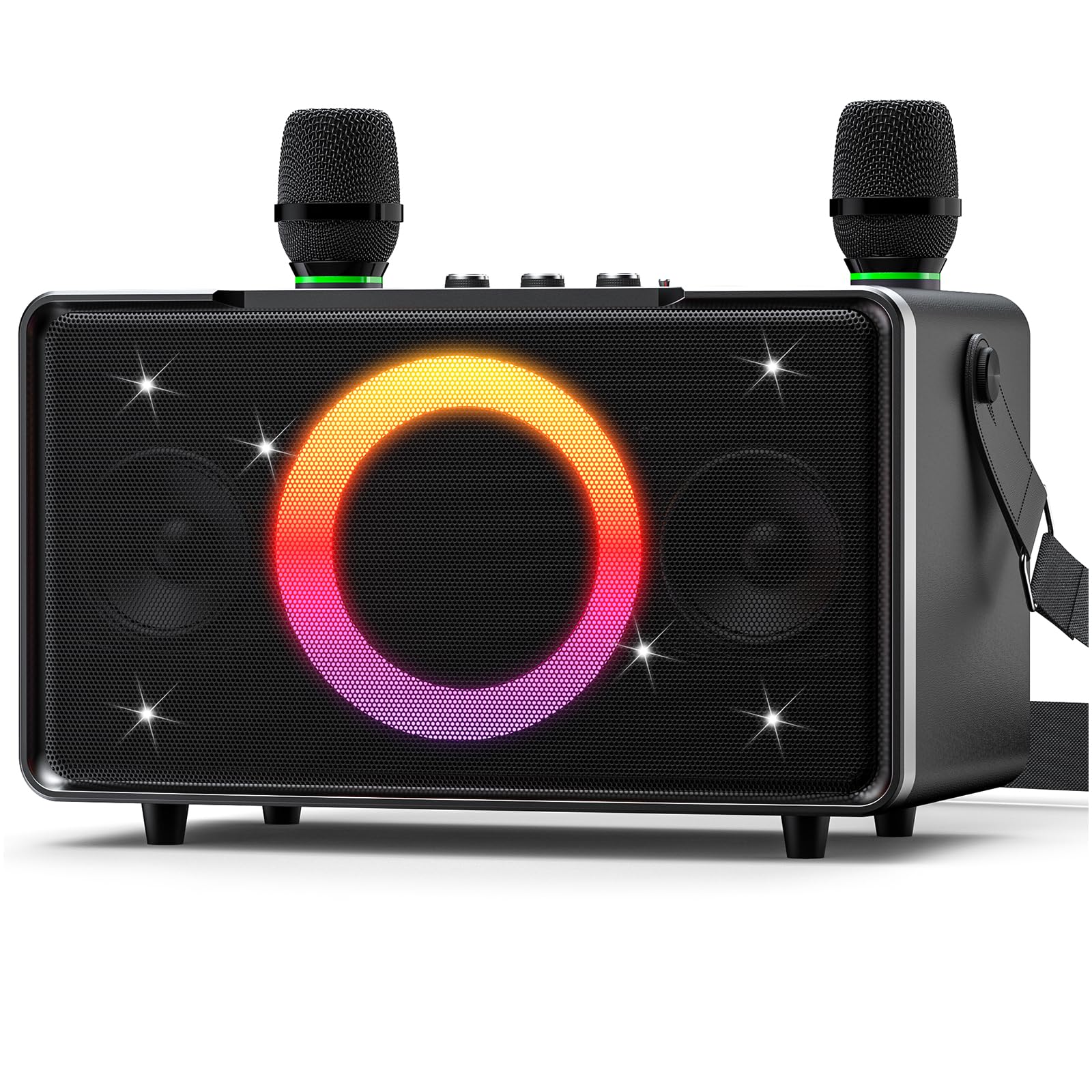 GFEEN Karaoke Machine for Adults, 100W Portable Speaker with Bluetooth and Wireless Microphone, Bass/Treble Adjustment, 6 DJ Lights, USB/AUX for Home Party, Outdoor, Backyard(Silver with 2Mic)