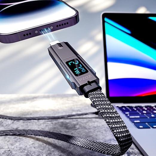 pzoz 4-in-1 USB C Fast Charging Cable with LED Display, Multi USBC Charger Combo Lightning/Type C/USB A Metal Ports for iPhone 16/15/14 Pro Max iPad MacBook AirPods Pro Samsung Google (60W, 5 ft)