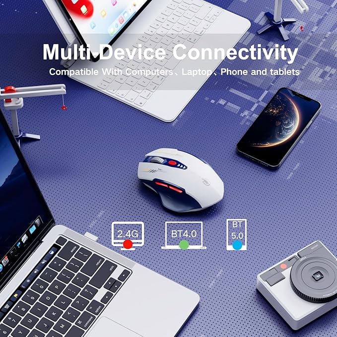 Bluetooth Mouse,[Upgraded] Multi-Device Wireless Mouse Rechargeable,Visible Battery Level,Tri-Mode (BT 5.0/4.0+2.4G Hz), 4 Adjustable DPI,Coldless Mice for Laptop and PC,Bluewhite