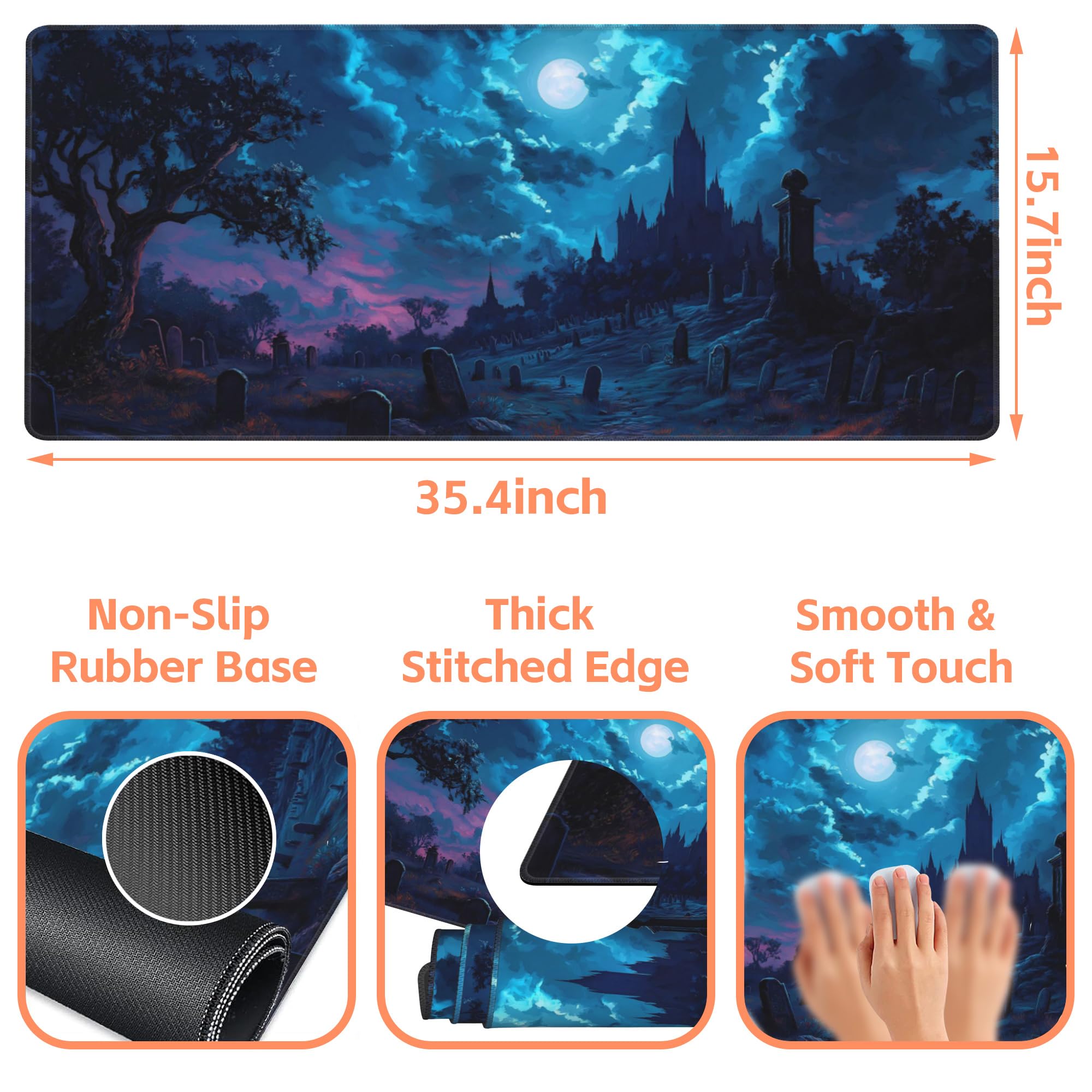NIYLYNSYN Mouse Pad Large Gothic Graveyard Non-Slip Game Desk Mat with Stitched Edge Laptop Keyboard Desk Pad for Work Home Gaming (35.4 x 15.7 Inches)
