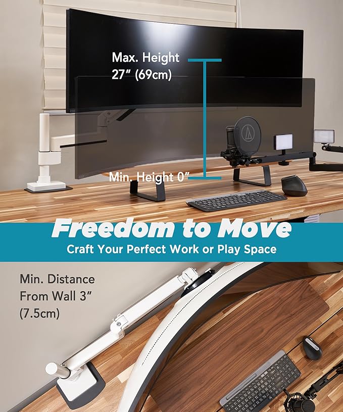Heavy Duty Monitor Arm for Ultrawide Monitors up to 57" and 44 lbs, Single Desk Stand, Pneumatic Height Adjustable, Modular Extension Arms - Max VESA 100x100, White, MA20PW-S