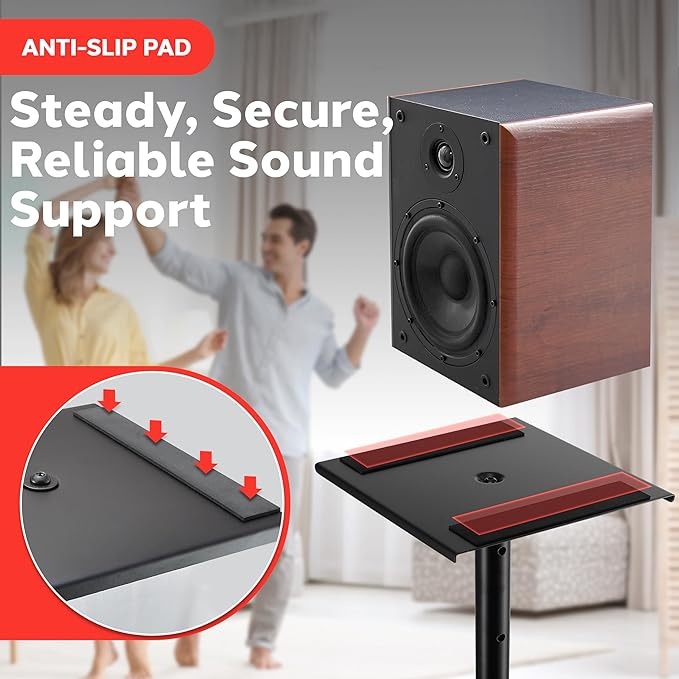 Pyle Speaker Stand Pair of Sound - Play 1 and 3 Holder, Telescoping Height Adjustable from 26” - 52” Inch, High Heavy Duty Three-point Triangle Base w/ Floor Spikes and 9” Square Platform, Black