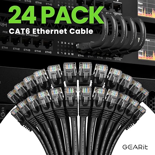 GEARit Cat 6 Ethernet Cable Pack - 24-Pack 5 ft Cat6 Ethernet Patch Cables | RJ45 Network Patch Cable, 10 Gbps Snagless Gold-Plated Connectors - Ethernet Cable Cat 6 for PC, TV, Router - Black