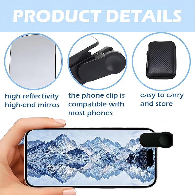 Mirror Effect Lens, Smartphone Camera Mirror Reflection Clip Kit Phone Camera Shooting Reflection Mirror Adjustable HD Glass Smartphone Photography Flip Mirror for All Phones (Black)