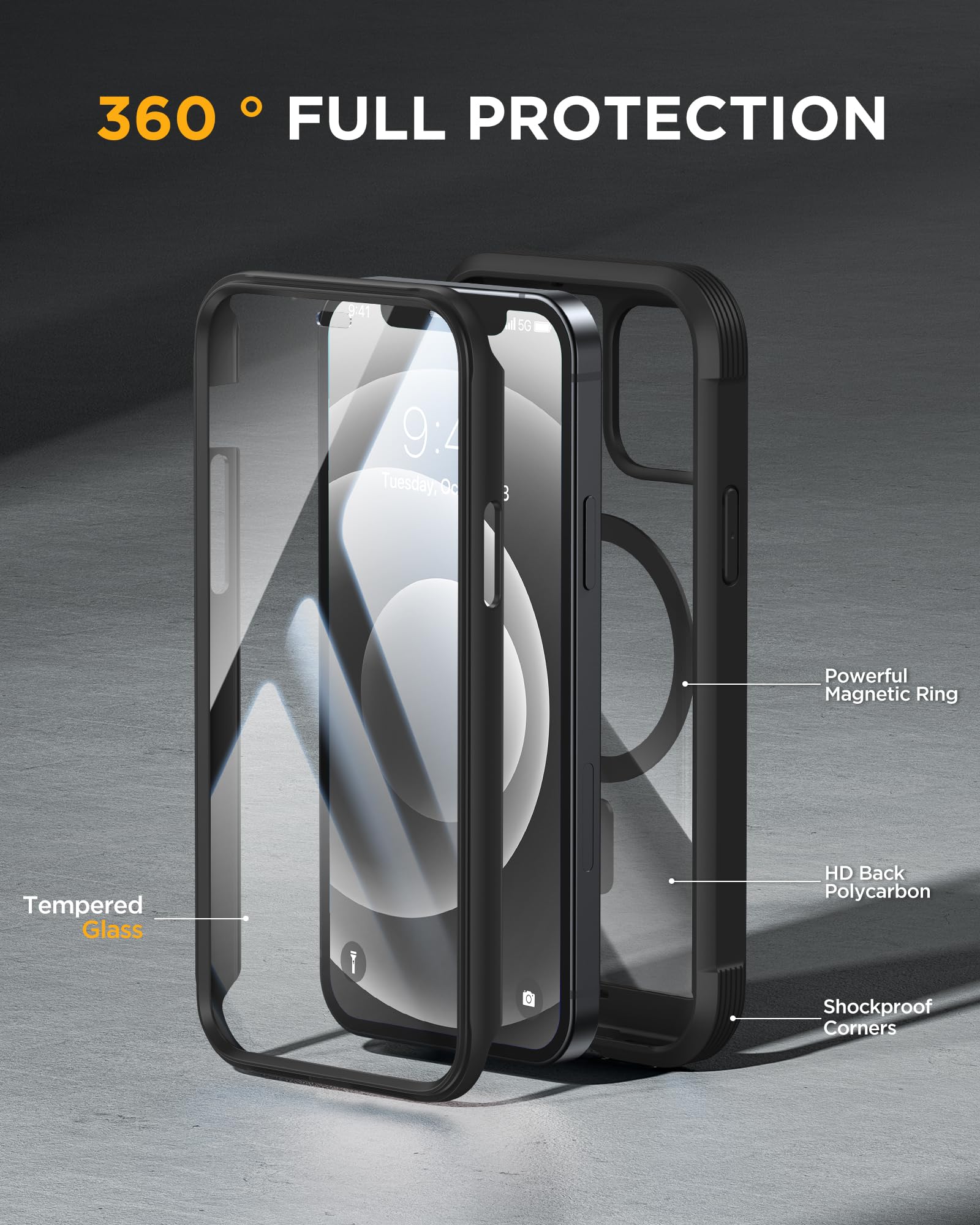 Miracase Magnetic for iPhone 12 mini Case, [360 Full-Body Protection & Complete Camera Guard], Drop & Scratch-Resistant, Shockproof, Stylish Clear iPhone Case, iPhone 12 mini Cover, Black