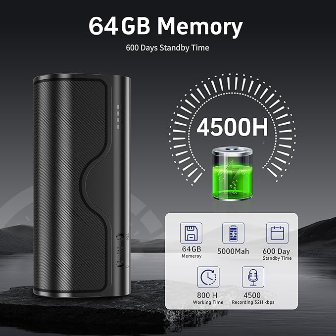 64GB Magnetic Voice Recorder, 800H/35 Days Continuous Recording, Voice Activated Audio Recorder with Stereo Mic, Portable for Lectures, Meetings, Interviews (Black)