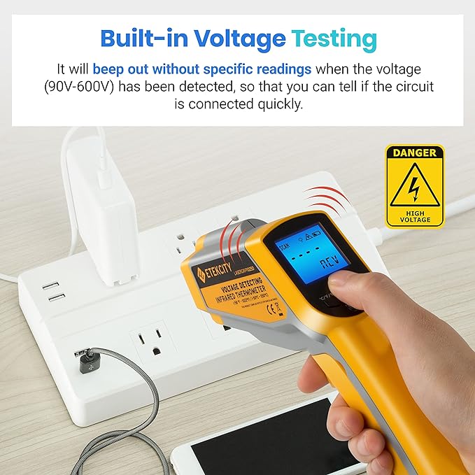 Etekcity Infrared Thermometer 1025D (Not for Human) Dual Laser Temperature Gun-58℉~1022℉ (-50℃~550℃) with Adjustable Emissivity, Non-Contact Voltage Tester (NCV), Standard Size, Yellow & Gray