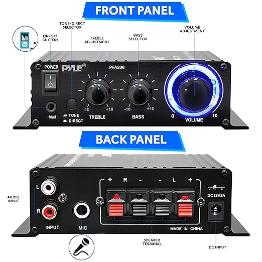 Pyle Home Mini Audio Amplifier - 60W Portable Dual Channel Surround Sound HiFi Stereo Receiver w/ 12V AC Adapter, AUX, MIC IN, Supports Smart Phone, iPhone, iPod, MP3 For 2-8ohm Speakers - Pyle PFA200