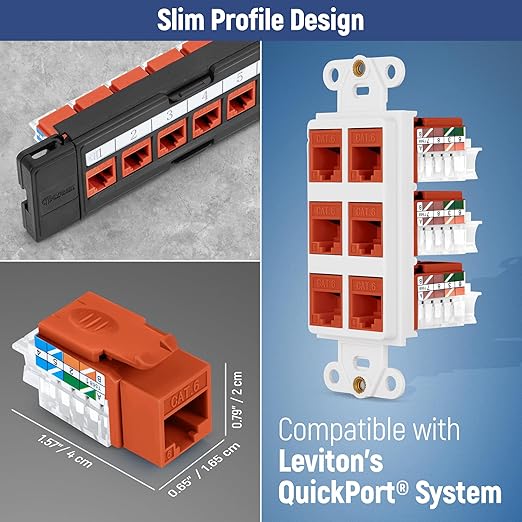 Everest 45° Angled RJ45 Cat6 Keystone Jacks 10-Pack in Orange - Slim Profile Female RJ45 Connectors - Cat 6 Keystone Jack - Compatible with 45° Angled Speed Termination Tool - 45Term (B0BL3GS7ZY)