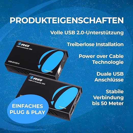OREI USB Over Cat5e/6 Extender Upto 165 Feet - Extends USB 2.0 Signal Over LAN Ethernet with 2 Ports - Power Over Cable for Long Distance Extension Supports All Operating System (USB-EX165-K)