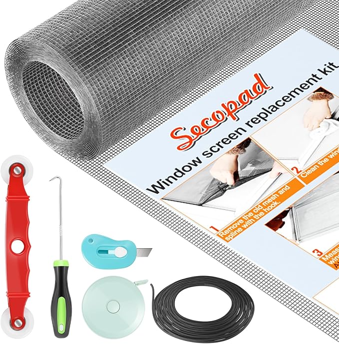 Window Screens Replacement Repair Kit, Grey Screen Door Mesh Replacement Kit, Durable Fiberglass Mesh Roll with Tools for Windows Doors Patio and Porch, 39in x 118in
